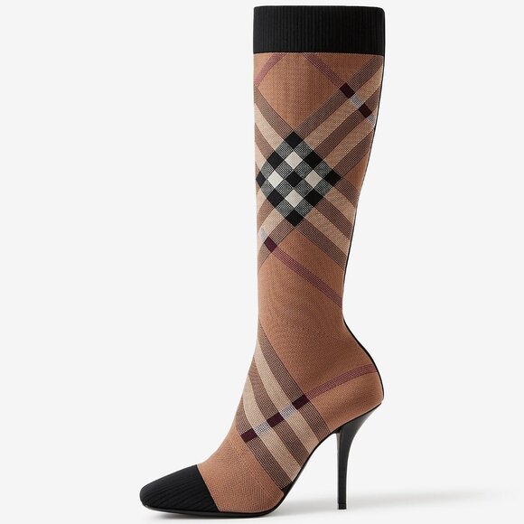 BURBERRY Dolman Knitted Check Knee High Tall Sock Boots Heels - Picture 1 of 16